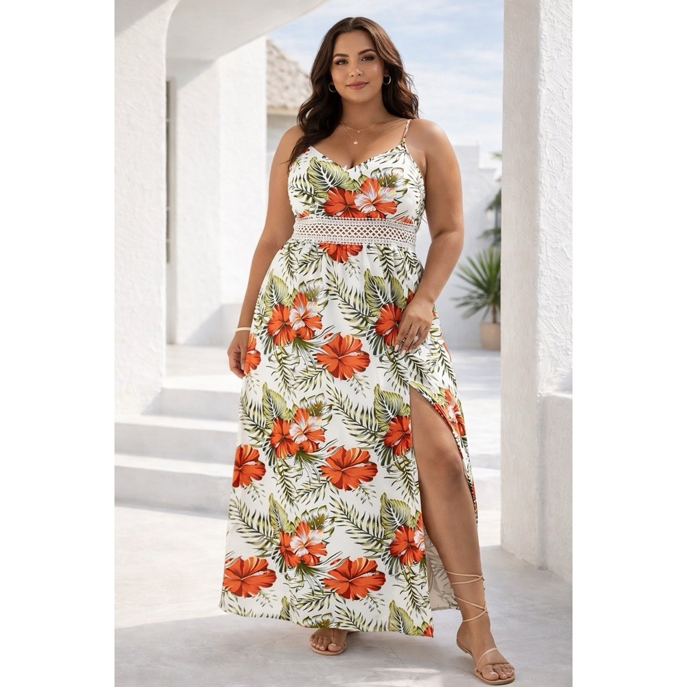 SHEIN Curve Tropical Floral Maxi Dress 1X Cami Cutout Smocked Back Thigh Slit